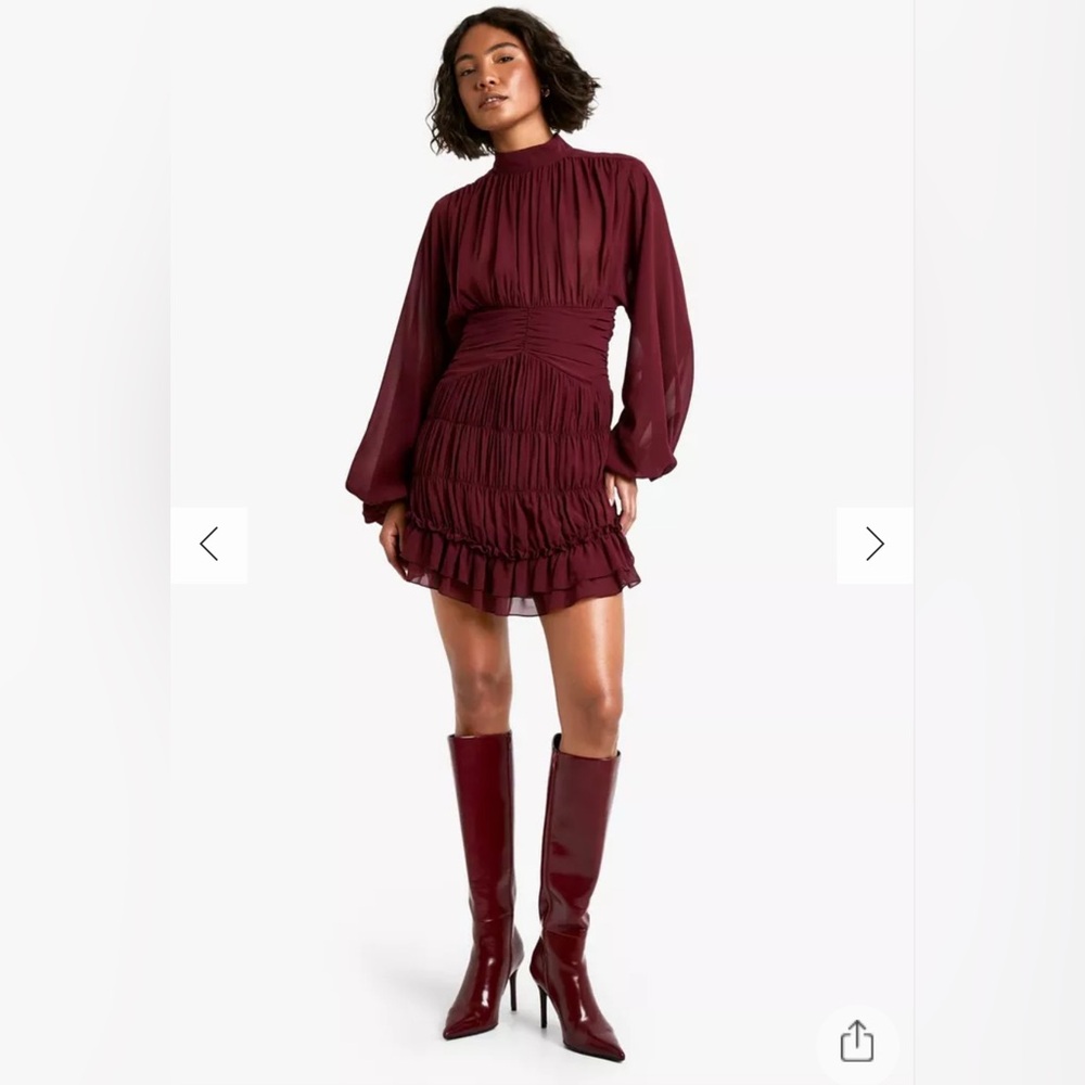 TALL CHIFFON RUCHED HIGH NECK RUFFLE DRESS